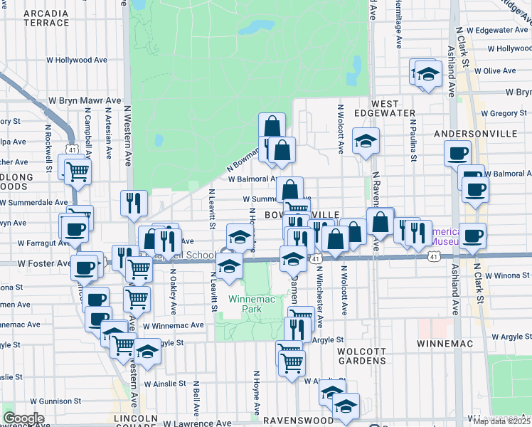 map of restaurants, bars, coffee shops, grocery stores, and more near 2037 West Berwyn Avenue in Chicago