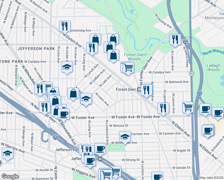 map of restaurants, bars, coffee shops, grocery stores, and more near 5324 North Latrobe Avenue in Chicago