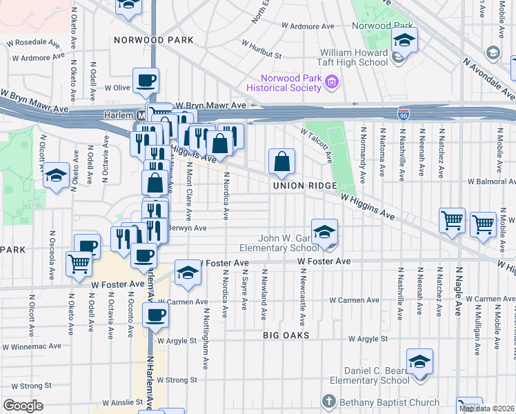 map of restaurants, bars, coffee shops, grocery stores, and more near 6930 West Berwyn Avenue in Chicago