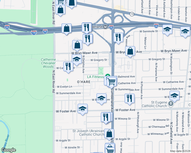 map of restaurants, bars, coffee shops, grocery stores, and more near 8518 West Catherine Avenue in Chicago