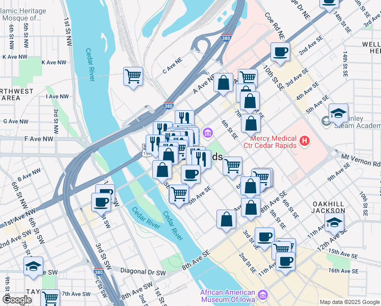 map of restaurants, bars, coffee shops, grocery stores, and more near 220 3rd Avenue Southeast in Cedar Rapids