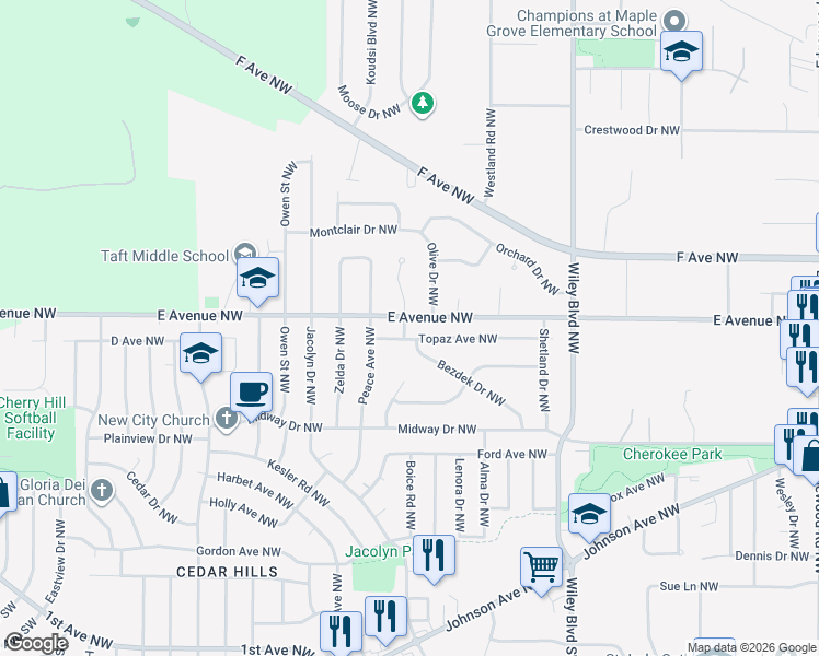 map of restaurants, bars, coffee shops, grocery stores, and more near 4707 Topaz Avenue Northwest in Cedar Rapids
