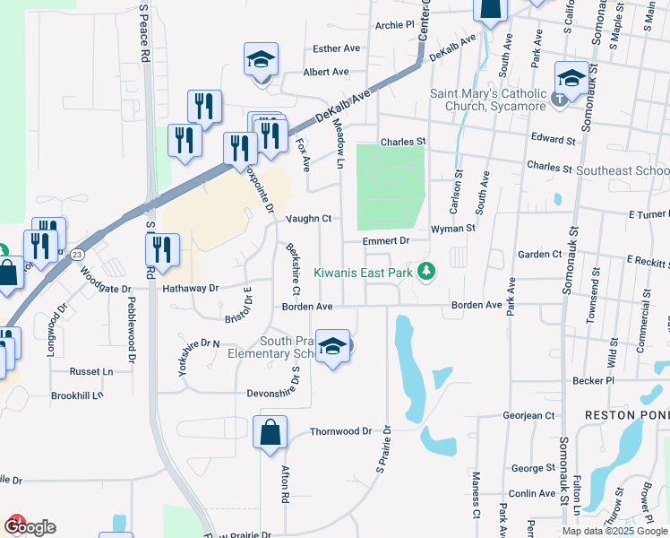 map of restaurants, bars, coffee shops, grocery stores, and more near 1002 Meadow Lane in Sycamore