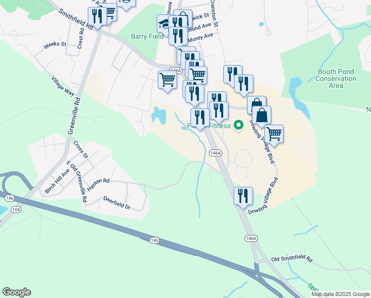 map of restaurants, bars, coffee shops, grocery stores, and more near 95 Hanton Road in North Smithfield