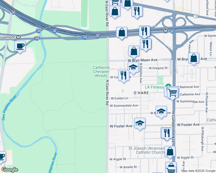 map of restaurants, bars, coffee shops, grocery stores, and more near 5357 North East River Road in Chicago