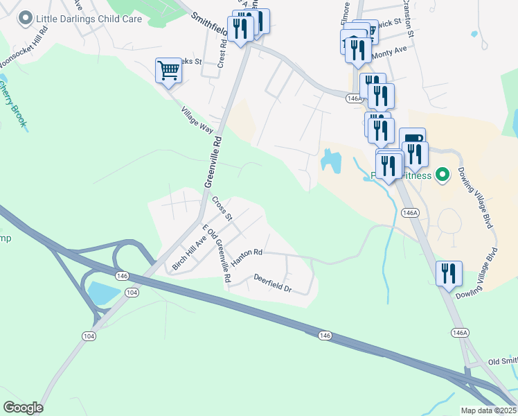 map of restaurants, bars, coffee shops, grocery stores, and more near 101 Fairview Avenue in North Smithfield