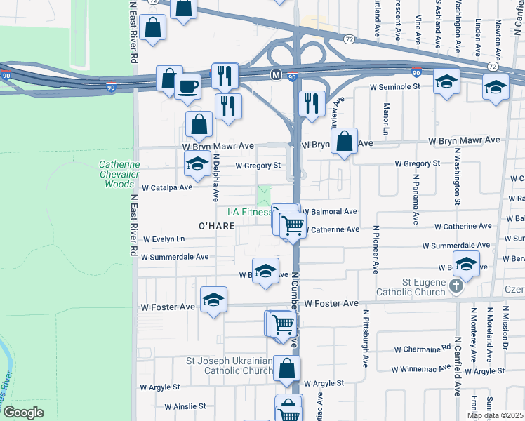 map of restaurants, bars, coffee shops, grocery stores, and more near 5445 North Chester Avenue in Chicago