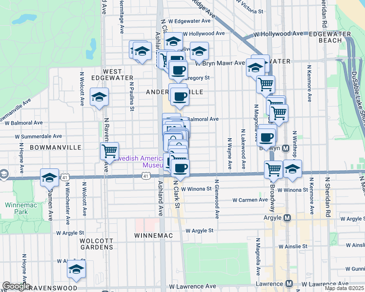 map of restaurants, bars, coffee shops, grocery stores, and more near 1476 West Berwyn Avenue in Chicago