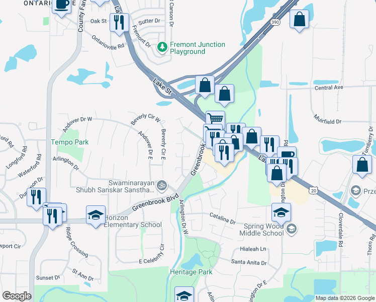 map of restaurants, bars, coffee shops, grocery stores, and more near 5775 Madrid Court in Hanover Park