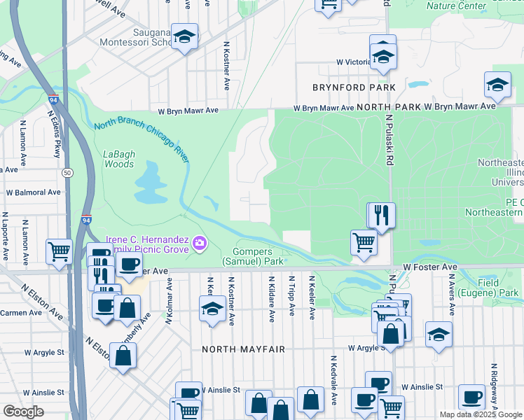 map of restaurants, bars, coffee shops, grocery stores, and more near 4319 West Summerdale Avenue in Chicago