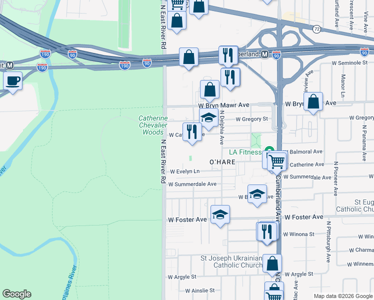 map of restaurants, bars, coffee shops, grocery stores, and more near 5441 North East River Road in Chicago