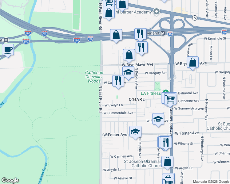 map of restaurants, bars, coffee shops, grocery stores, and more near 5441 North East River Road in Chicago