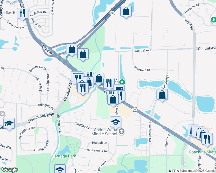 map of restaurants, bars, coffee shops, grocery stores, and more near 1075 Lake Street in Hanover Park