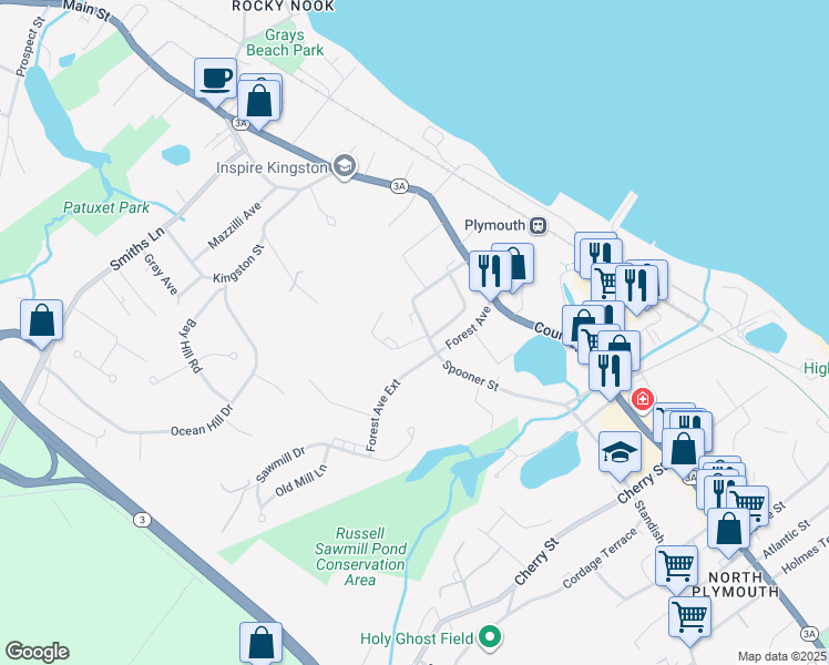 map of restaurants, bars, coffee shops, grocery stores, and more near 51 Forest Avenue Extension in Plymouth