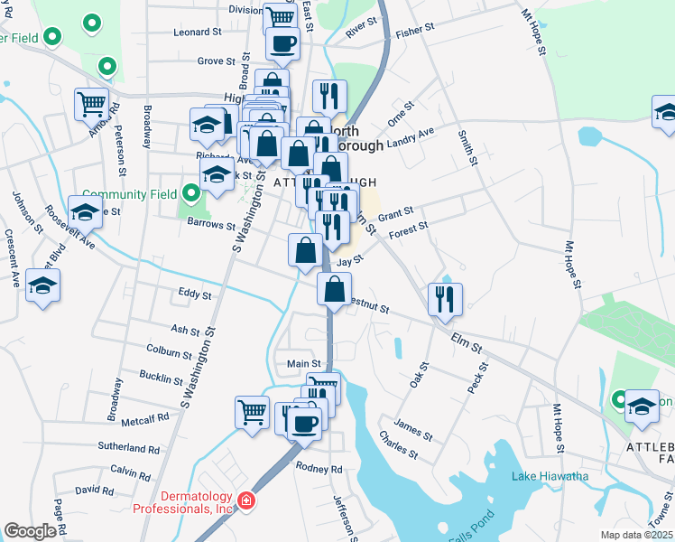 map of restaurants, bars, coffee shops, grocery stores, and more near 161 Charles Street in North Attleborough