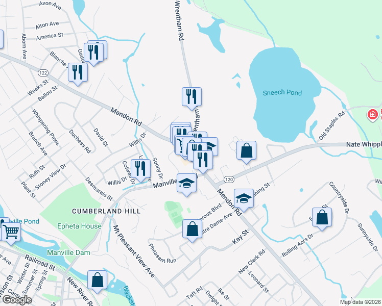 map of restaurants, bars, coffee shops, grocery stores, and more near 3400 Rhode Island 122 in Cumberland