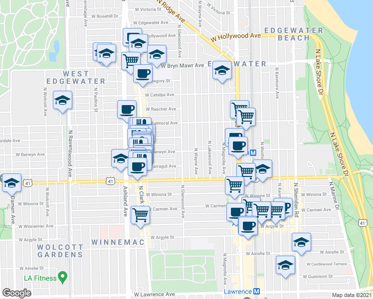 map of restaurants, bars, coffee shops, grocery stores, and more near 5241 North Glenwood Avenue in Chicago