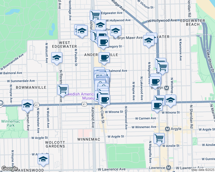 map of restaurants, bars, coffee shops, grocery stores, and more near 1470 West Farragut Avenue in Chicago