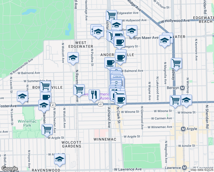 map of restaurants, bars, coffee shops, grocery stores, and more near 1616 West Farragut Avenue in Chicago