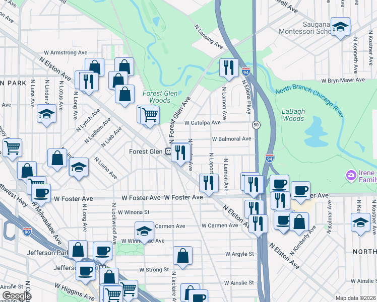 map of restaurants, bars, coffee shops, grocery stores, and more near 5275 North Forest Glen Avenue in Chicago