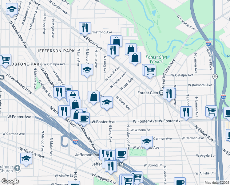 map of restaurants, bars, coffee shops, grocery stores, and more near 5270 North Liano Avenue in Chicago