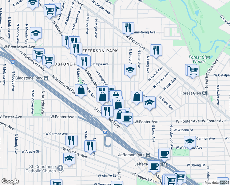 map of restaurants, bars, coffee shops, grocery stores, and more near 5301 North Central Avenue in Chicago