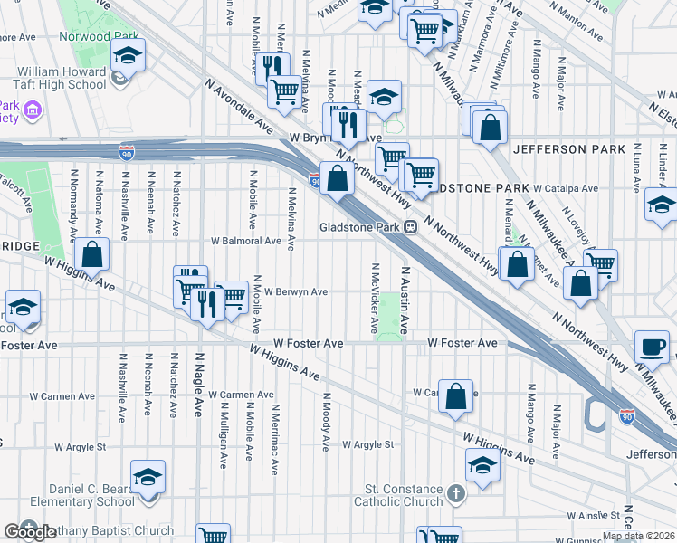 map of restaurants, bars, coffee shops, grocery stores, and more near 5300 North Meade Avenue in Chicago