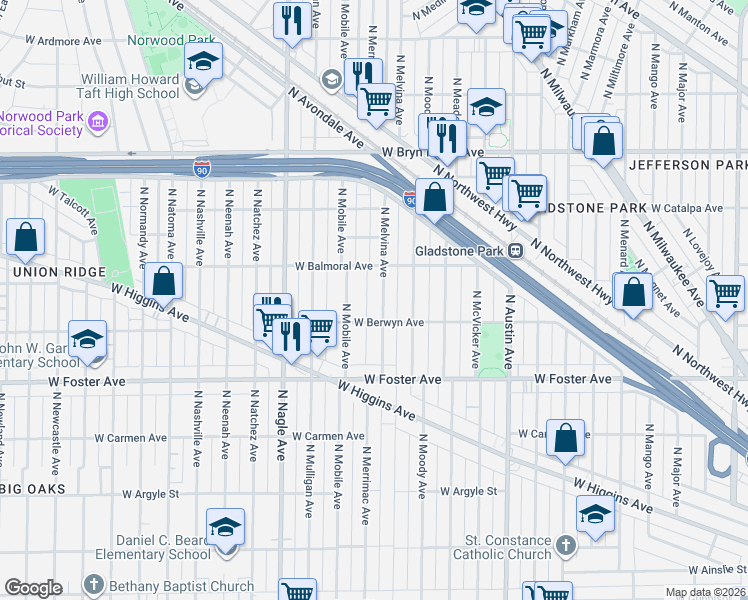 map of restaurants, bars, coffee shops, grocery stores, and more near 5301 North Mobile Avenue in Chicago