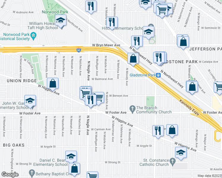 map of restaurants, bars, coffee shops, grocery stores, and more near 5301 North Mobile Avenue in Chicago