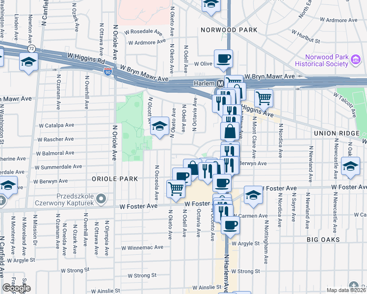 map of restaurants, bars, coffee shops, grocery stores, and more near 7339 West Balmoral Avenue in Chicago
