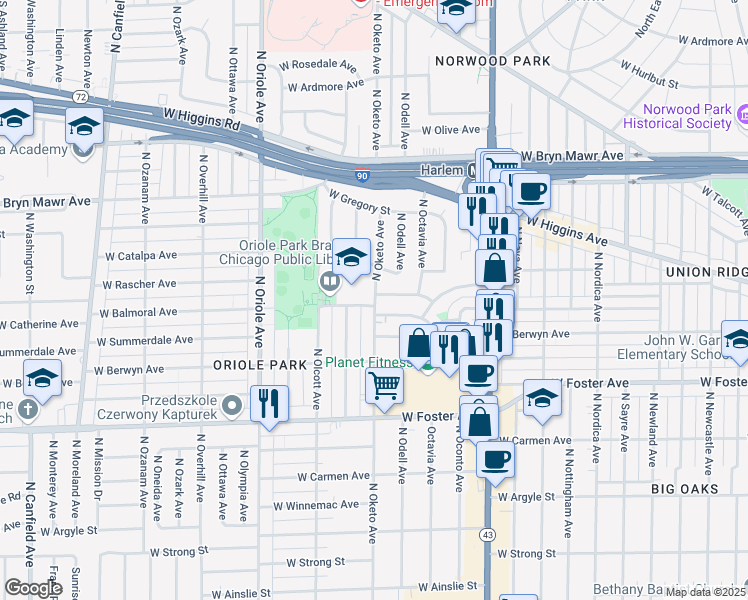 map of restaurants, bars, coffee shops, grocery stores, and more near 7339 West Balmoral Avenue in Chicago