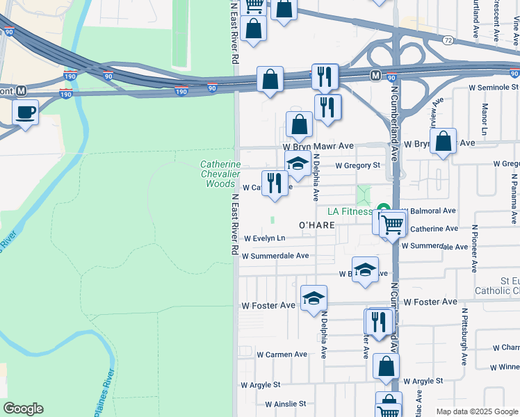 map of restaurants, bars, coffee shops, grocery stores, and more near 8711 West Evelyn Lane in Chicago