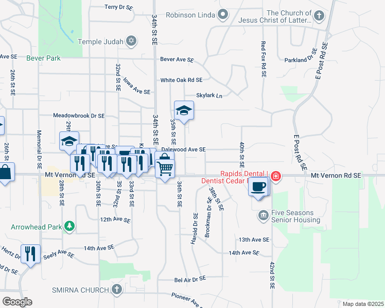 map of restaurants, bars, coffee shops, grocery stores, and more near in Cedar Rapids