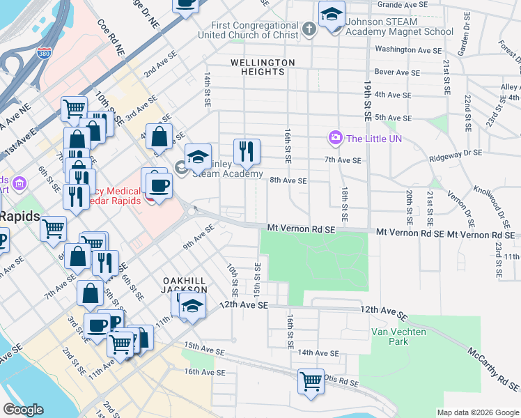 map of restaurants, bars, coffee shops, grocery stores, and more near 1508 Mount Vernon Road Southeast in Cedar Rapids