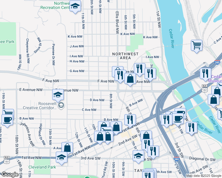map of restaurants, bars, coffee shops, grocery stores, and more near 551-599 8th Street Northwest in Cedar Rapids