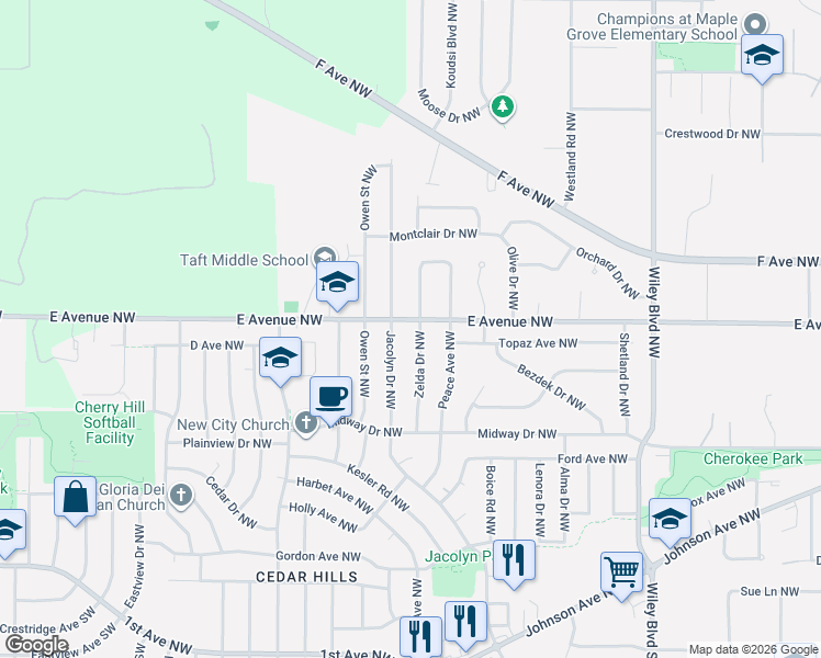 map of restaurants, bars, coffee shops, grocery stores, and more near 453 Jacolyn Dr NW in Cedar Rapids