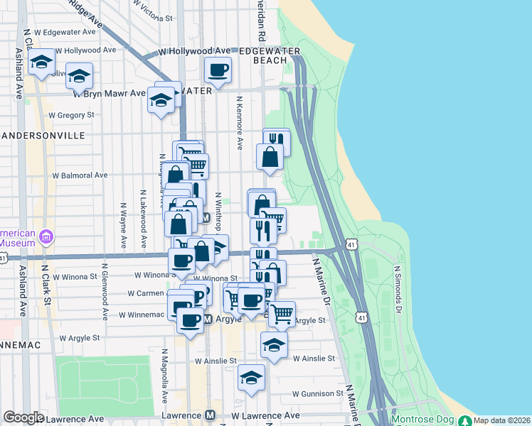 map of restaurants, bars, coffee shops, grocery stores, and more near N Sheridan Rd & W Berwyn Ave in Chicago