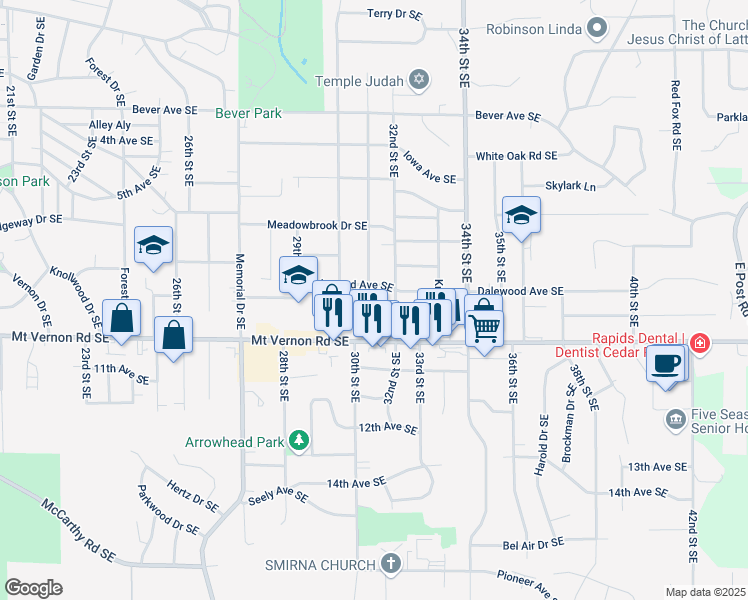 map of restaurants, bars, coffee shops, grocery stores, and more near 714 31st Street Southeast in Cedar Rapids