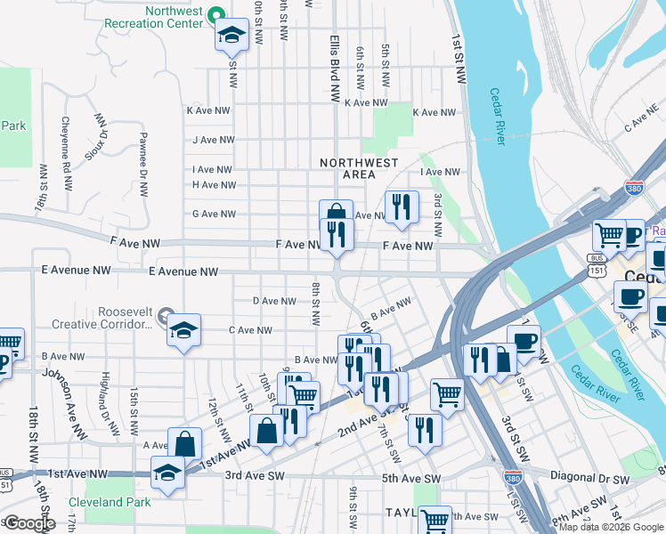 map of restaurants, bars, coffee shops, grocery stores, and more near 602 D Ave NW in Cedar Rapids
