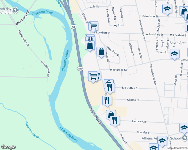 map of restaurants, bars, coffee shops, grocery stores, and more near 92 Winslow St in Sayre
