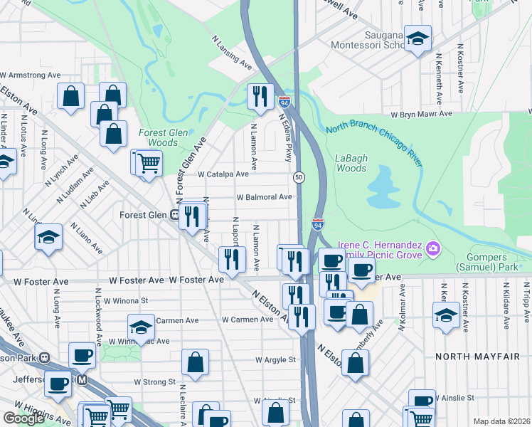 map of restaurants, bars, coffee shops, grocery stores, and more near 5278 North La Crosse Avenue in Chicago