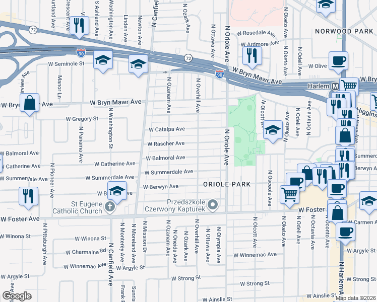map of restaurants, bars, coffee shops, grocery stores, and more near 7718 West Balmoral Avenue in Chicago