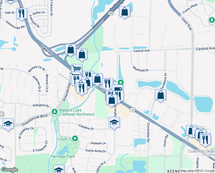 map of restaurants, bars, coffee shops, grocery stores, and more near 1053 East Lake Street in Hanover Park