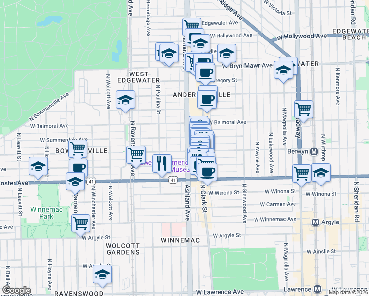 map of restaurants, bars, coffee shops, grocery stores, and more near 1616 West Farragut Avenue in Chicago