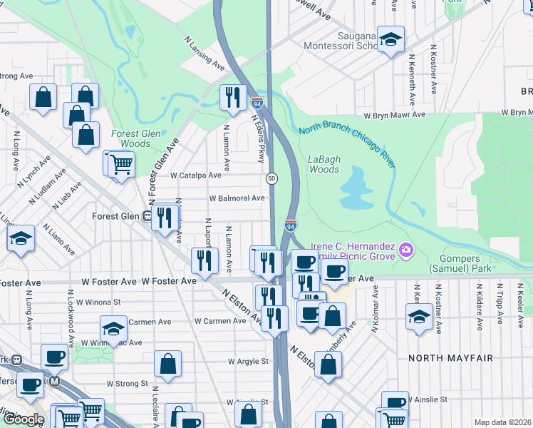map of restaurants, bars, coffee shops, grocery stores, and more near 5308 North Cicero Avenue in Chicago