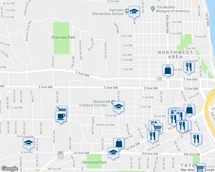 map of restaurants, bars, coffee shops, grocery stores, and more near 603 15th Street Northwest in Cedar Rapids