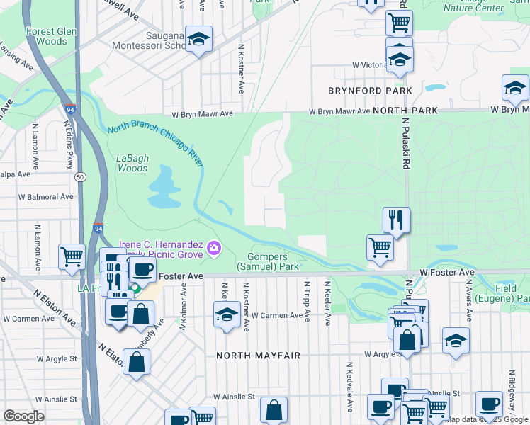 map of restaurants, bars, coffee shops, grocery stores, and more near 5336 N Lowell Ave in Chicago