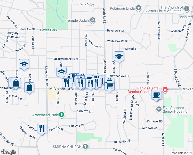map of restaurants, bars, coffee shops, grocery stores, and more near 3241 Dalewood Avenue Southeast in Cedar Rapids