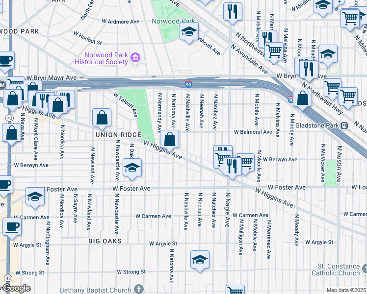 map of restaurants, bars, coffee shops, grocery stores, and more near 5345 West Balmoral Avenue in Chicago
