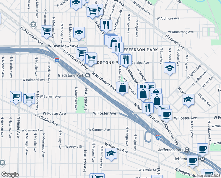 map of restaurants, bars, coffee shops, grocery stores, and more near 5400 North Northwest Highway in Chicago